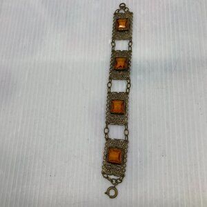 Vtg 1920s MAX NEIGER ? panel topaz glass brass filigree art deco bracelet